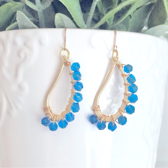 New Hand Beaded Wrapped Wire Teardrop Hoop Dangle One of a Kind Artisan Earrings - Picture 7 of 7